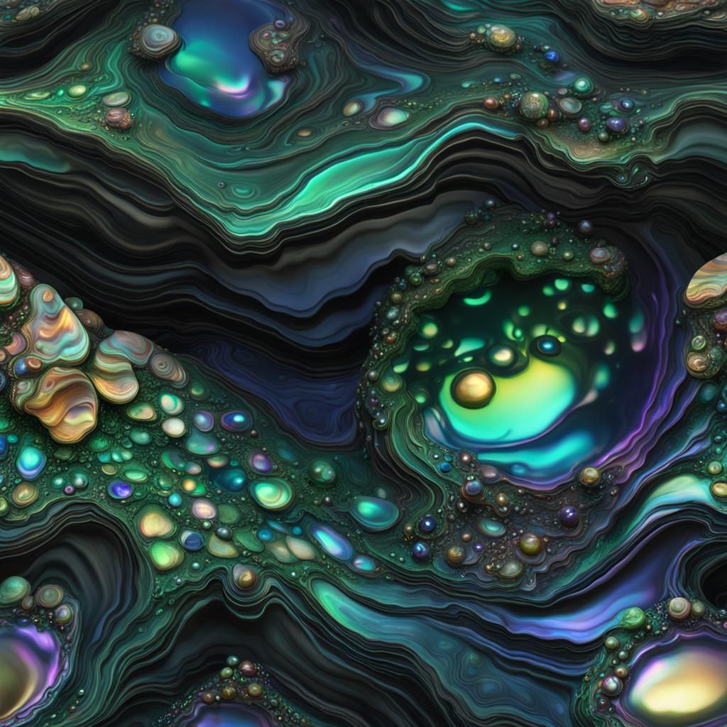 Psychotris Viridis abstract flowing liquidex sparkling twinkling and ink black pearls abalone