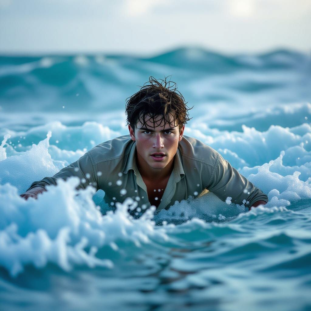 Man Struggles in Rough Seas Above Churning Waves