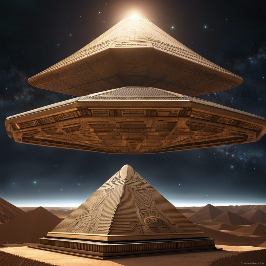 Alien Spaceship Landing on Futuristic Egyptian Pyramid