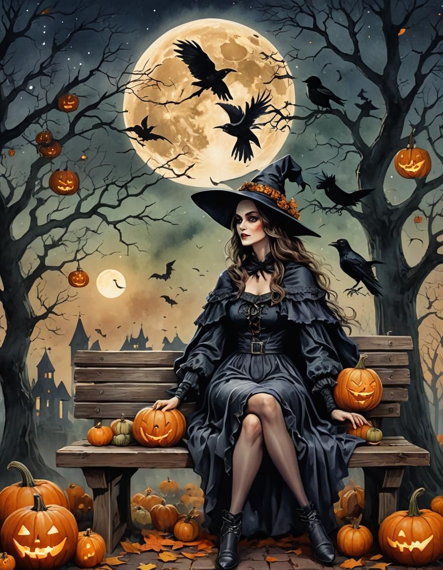 Vintage Witch with Crow in Watercolor Style