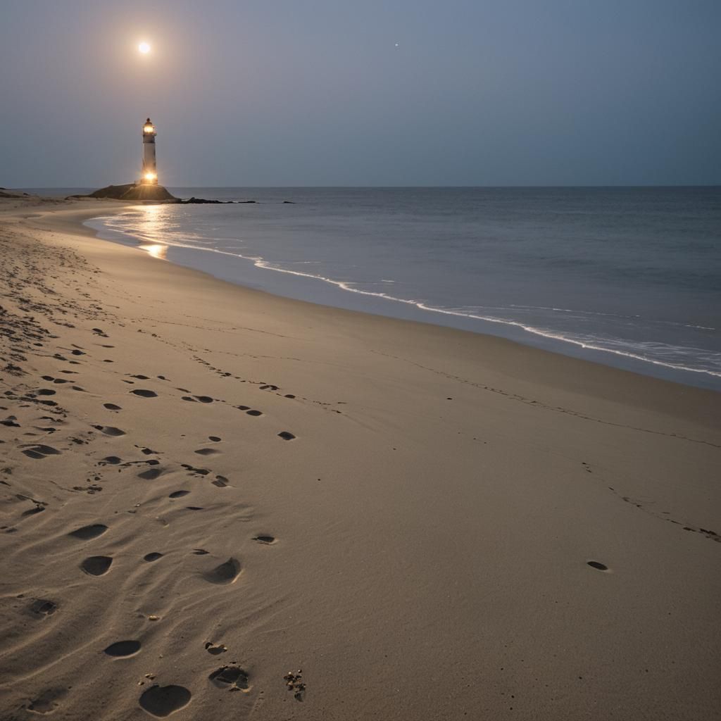 Serene Moonlit Beach with Distant Lighthouse