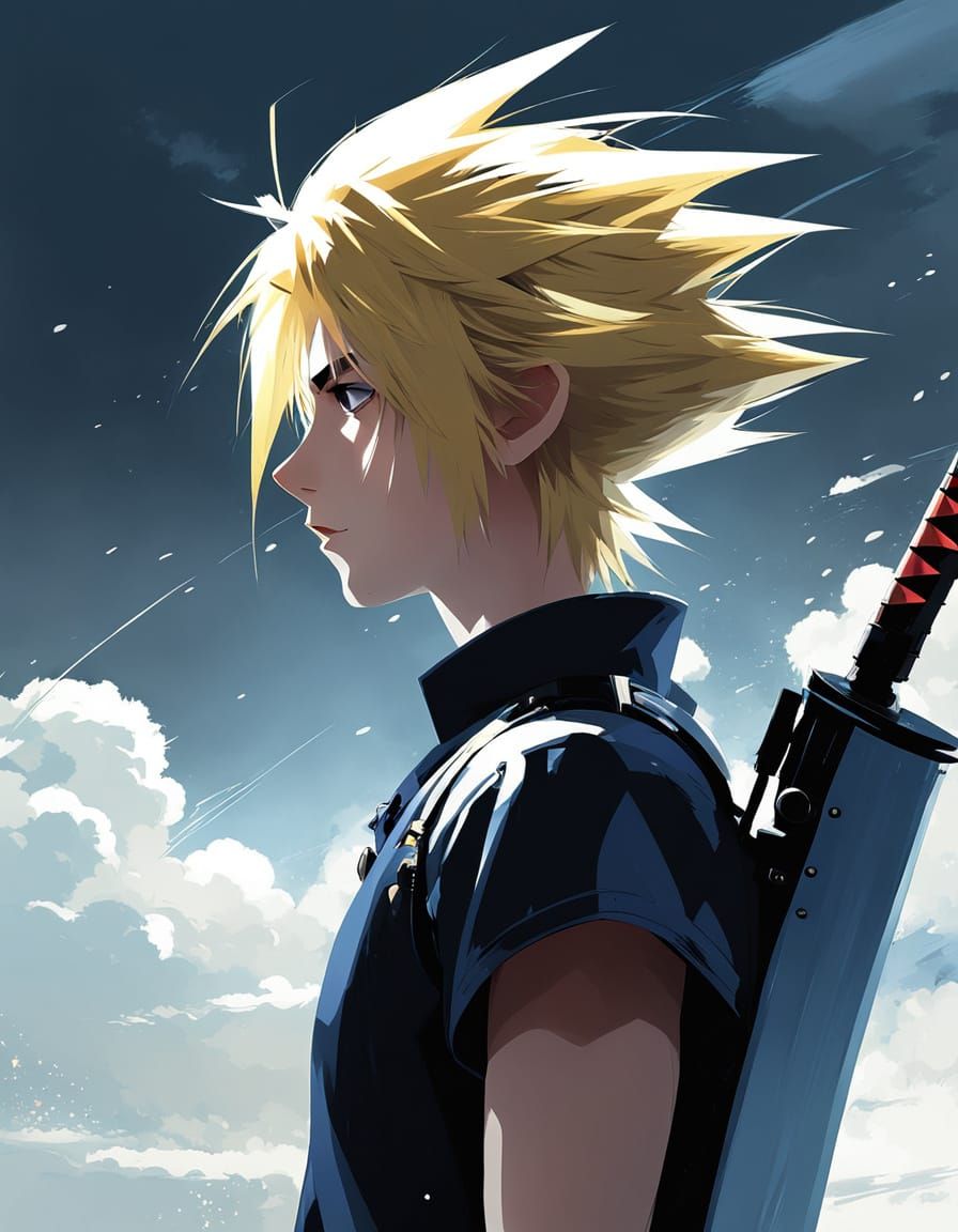 Anime-Style Digital Portrait of Cloud Strife in Triadic Colo...