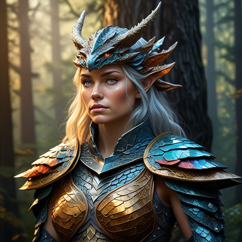 Elven Warrior in Dragonscale Armor, Vibrant Oil Painting