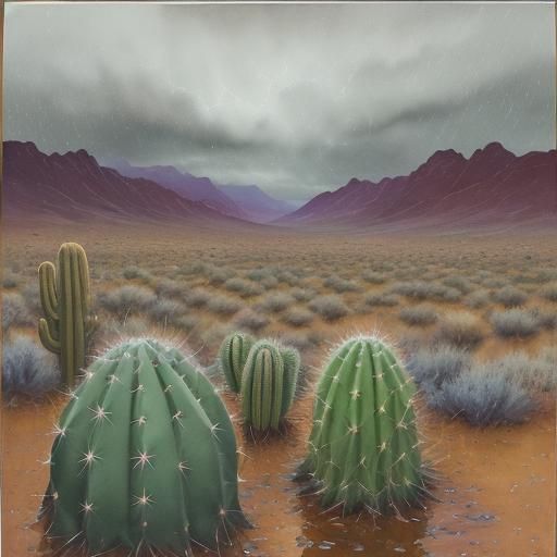 Cactus in Desert Rain: Surreal Watercolor Painting