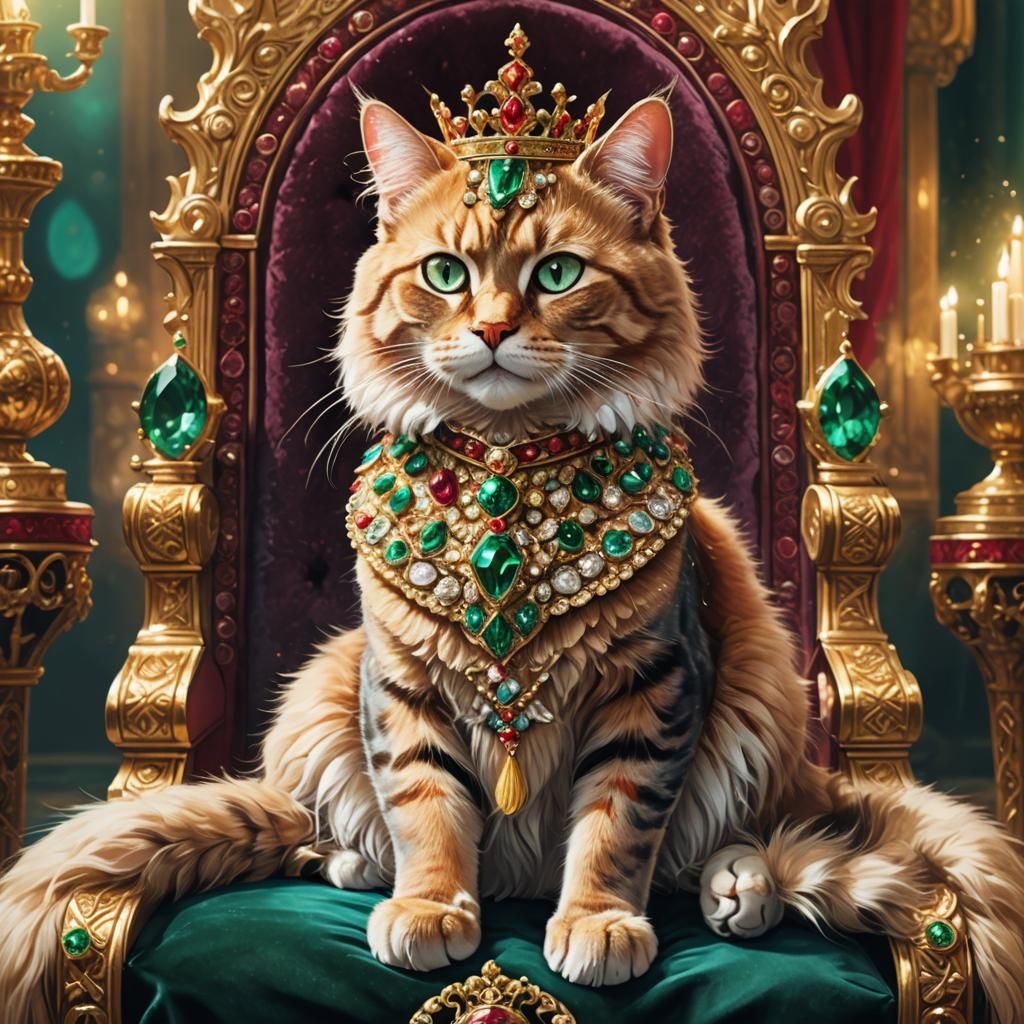 Regal Cat on Velvet Throne with Emeralds