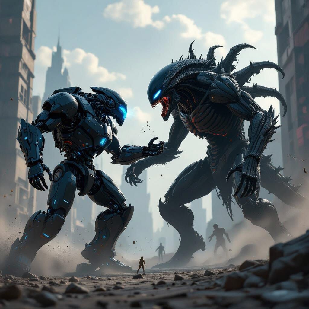 Giant Black Robot Battles Alien Monster in Cinematic Concept...