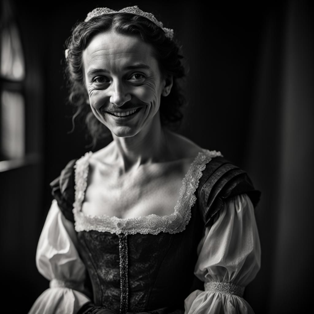 Shakespeare Grinning in Drag, Aged Black and White Photo