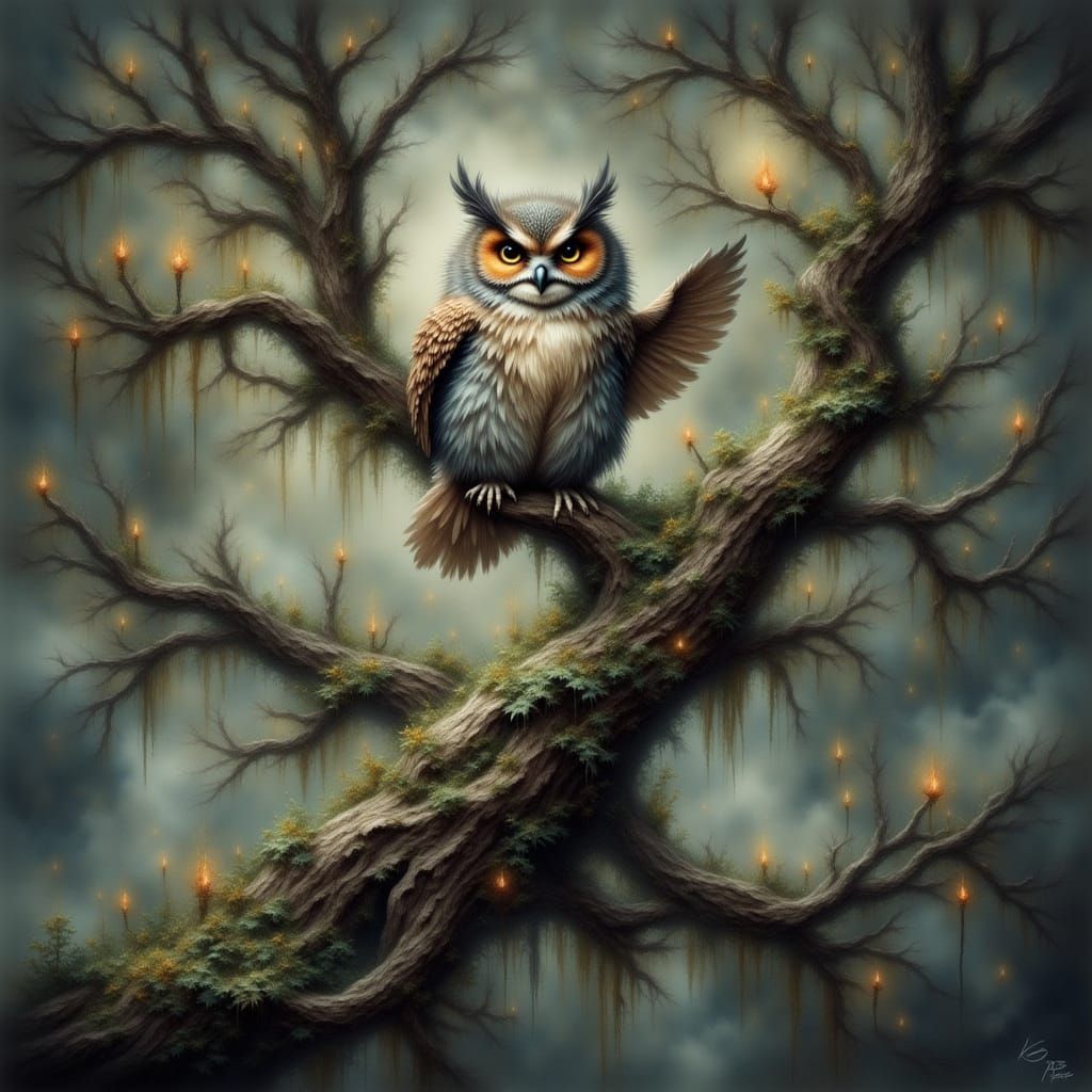 Mystical Owl in Antique Watercolor Style