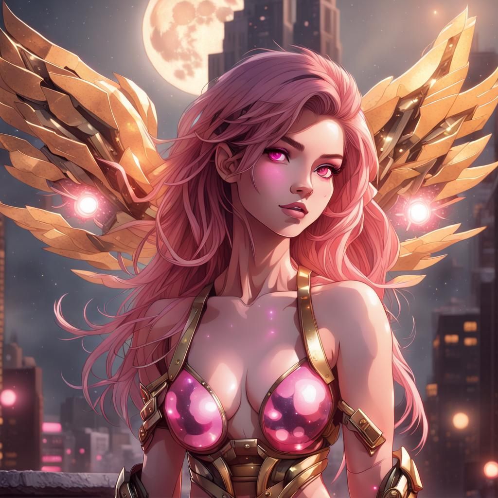 Cyborg Girl in Cityscape with Moon, Photorealistic