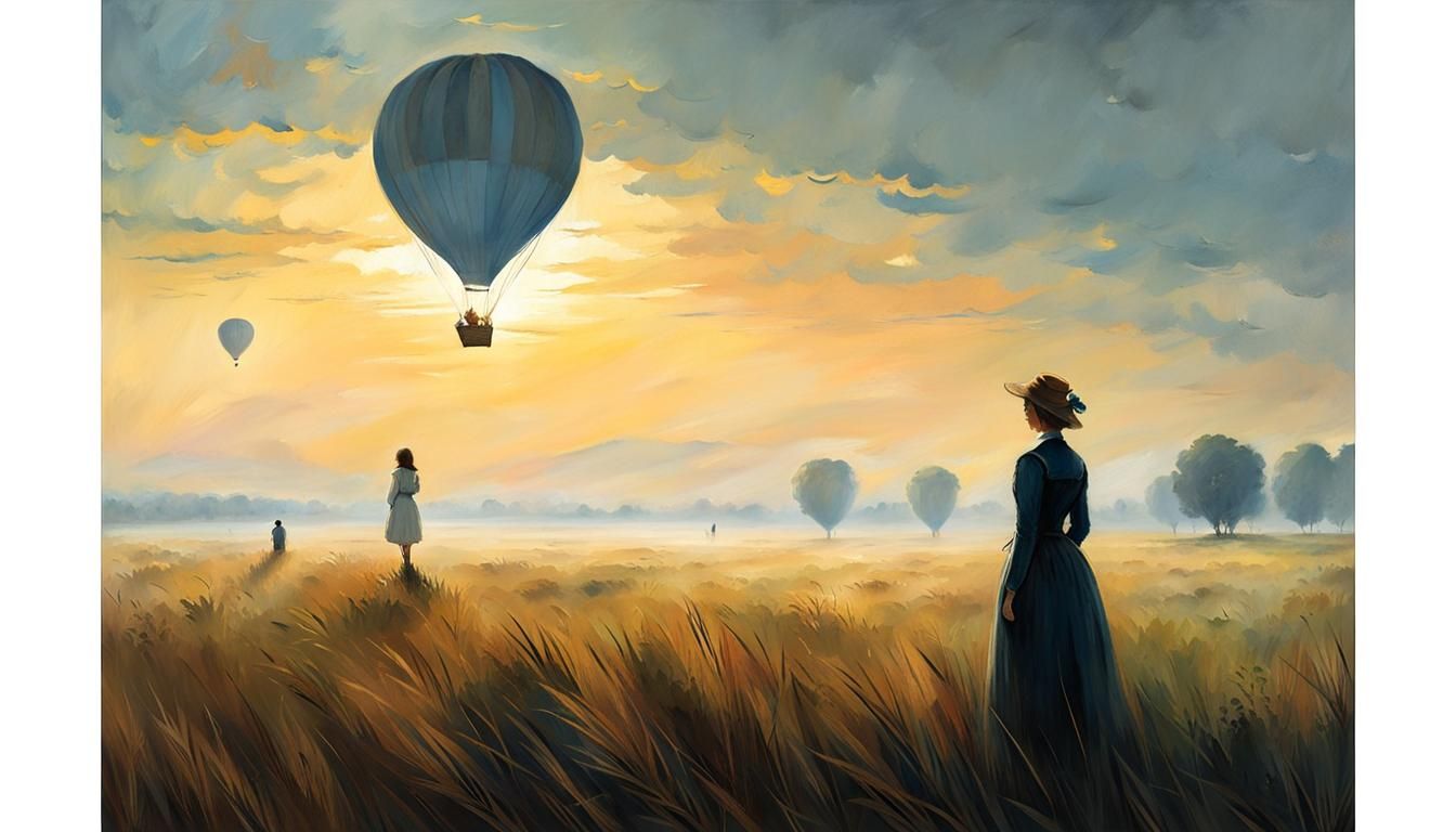 Girl in Misty Field Watching Hot Air Balloon