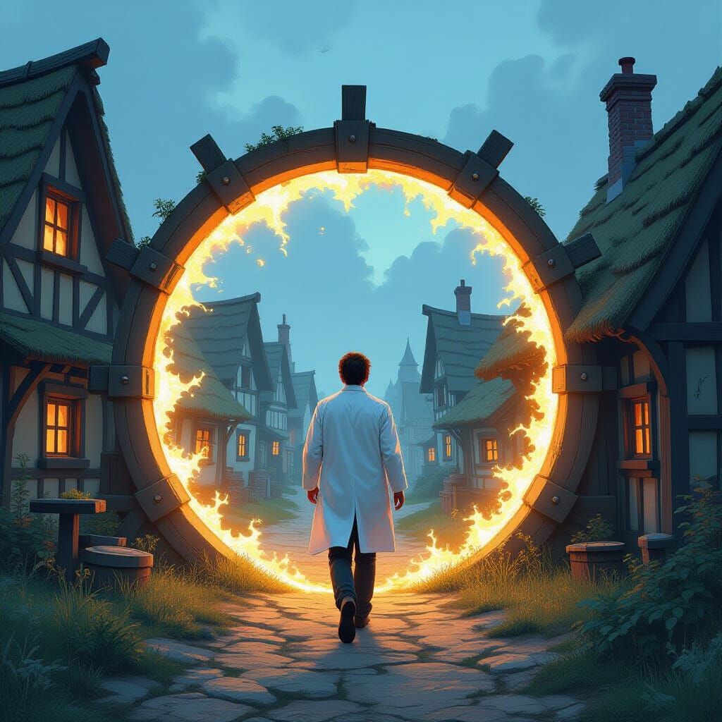 Scientist's Portal: Medieval Village in Digital Painting Sty...