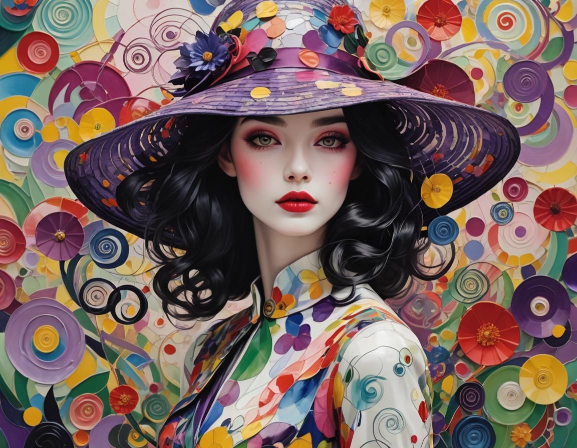 Dreamlike Portrait with Abstract Hat, Pastel Art