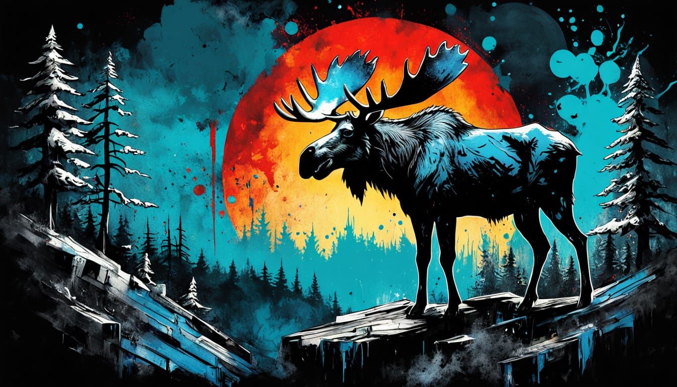 Surreal Moose Under Crimson Moon, Cyberpunk Ink Art