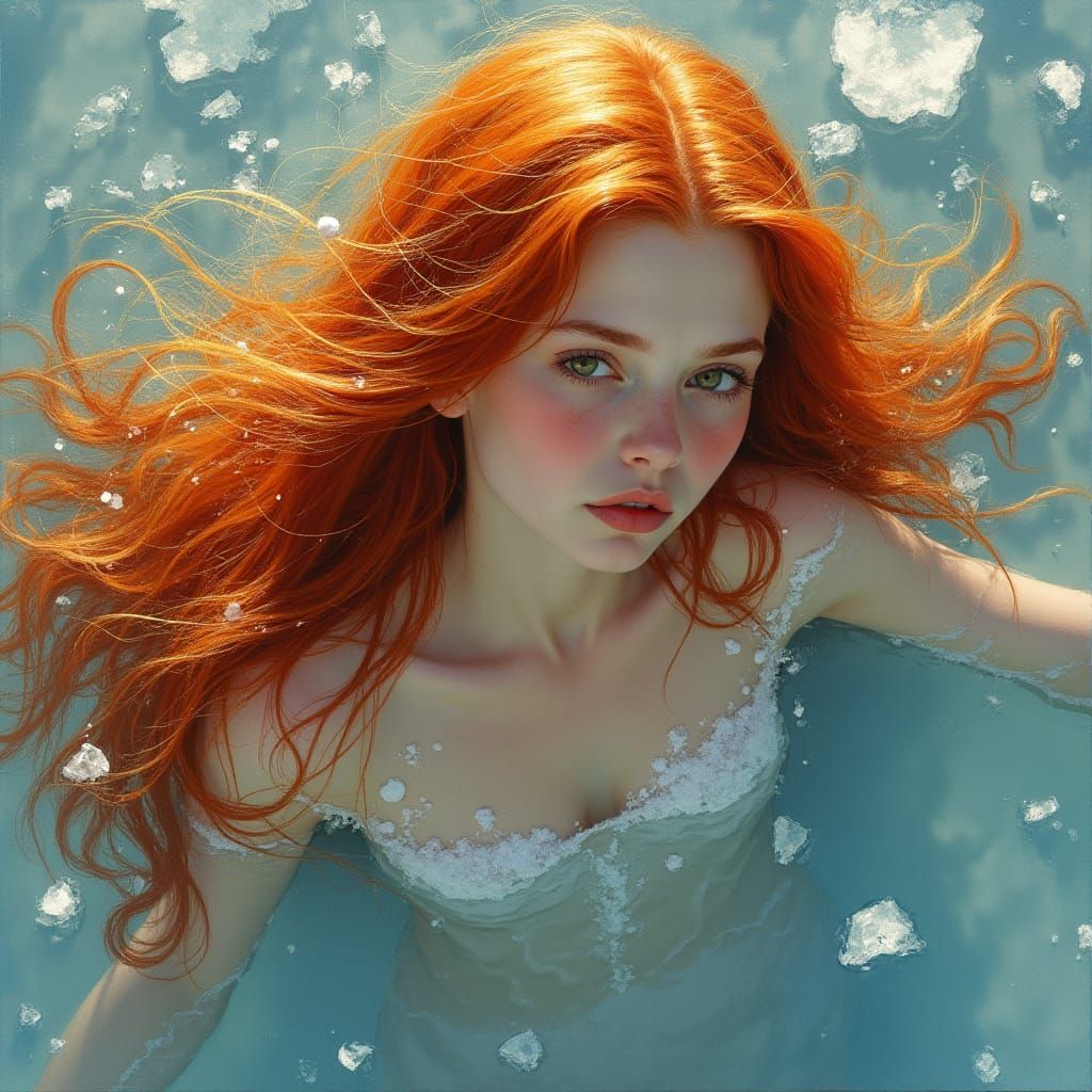 Fiery Redhead Emerges from Icy Water in Klimt-Beksiński Styl...