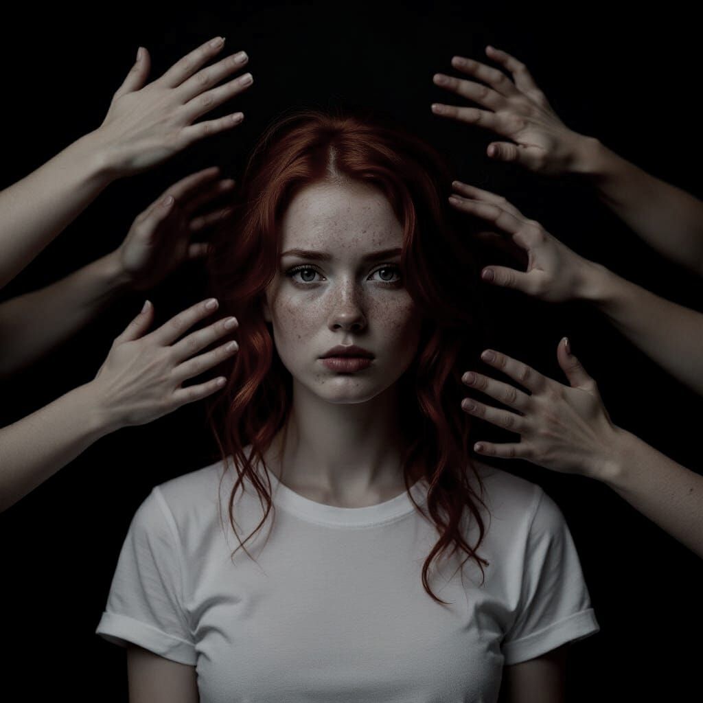 Woman Reaching Out of Darkness with Many Hands