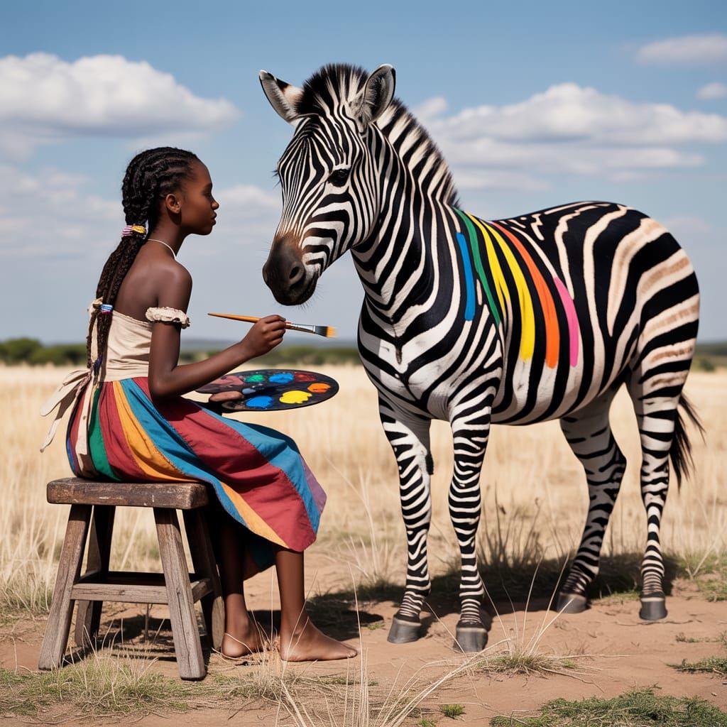 Fantasy Portrait: Girl Paints Zebra in Africa
