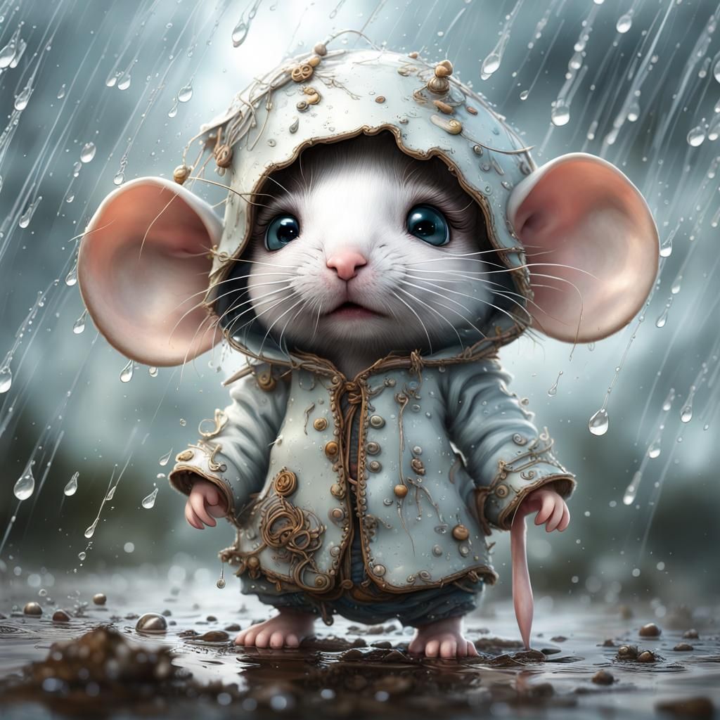 Chibi Mouse in Rainy Sky, Detailed Digital Art