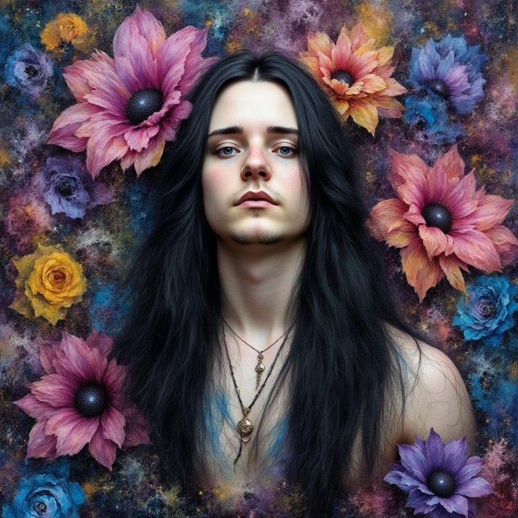 Gothic Metalhead Portrait in Swirling Metallic Florals