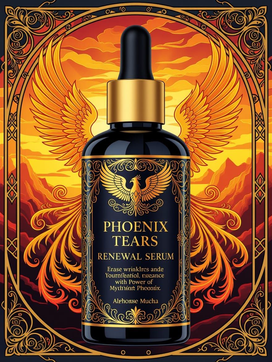 Elegant Phoenix Tears Serum Bottle in Art Nouveau Style
