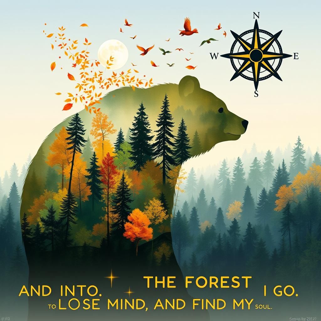 Bear Silhouette Filled with Autumn Forest Landscape