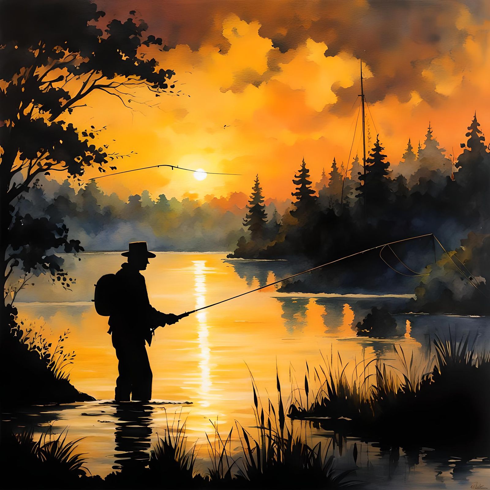 Man Fishing: Gold Silhouettes in Watercolor Style