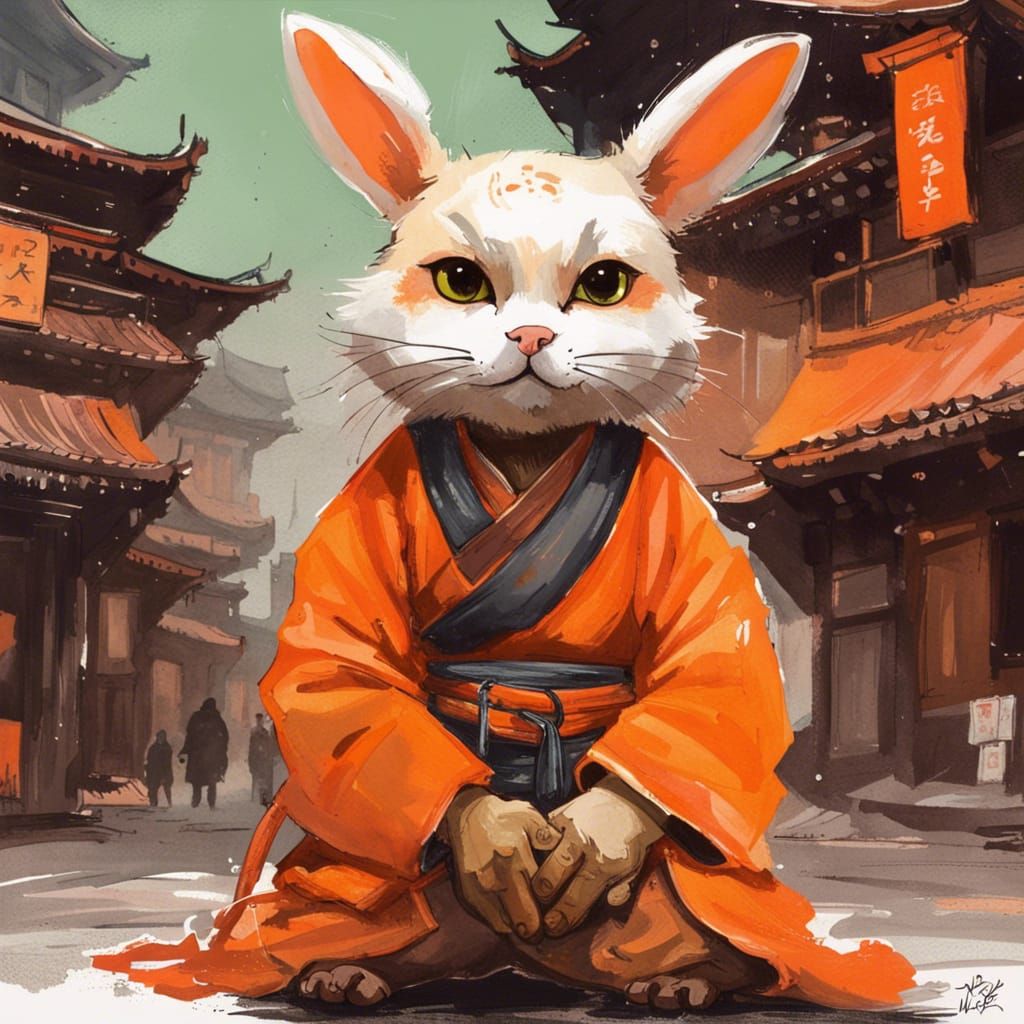 Kitten Monk in Chinatown: Detailed Gouache Painting
