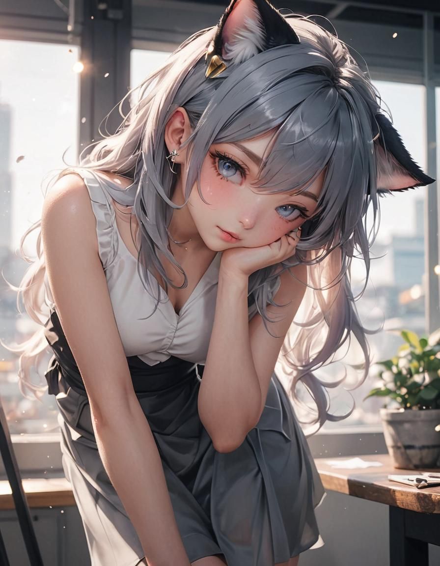 Aesthetic Catgirl with Windswept Hair in Natural Light