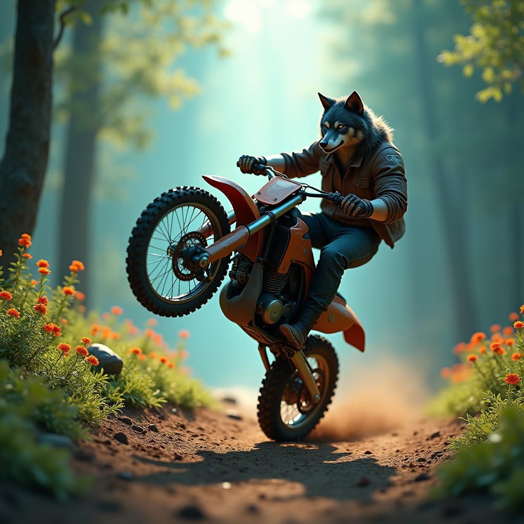 Wolf Dirtbike Wheelie in Lush Forest, ZBrush Style