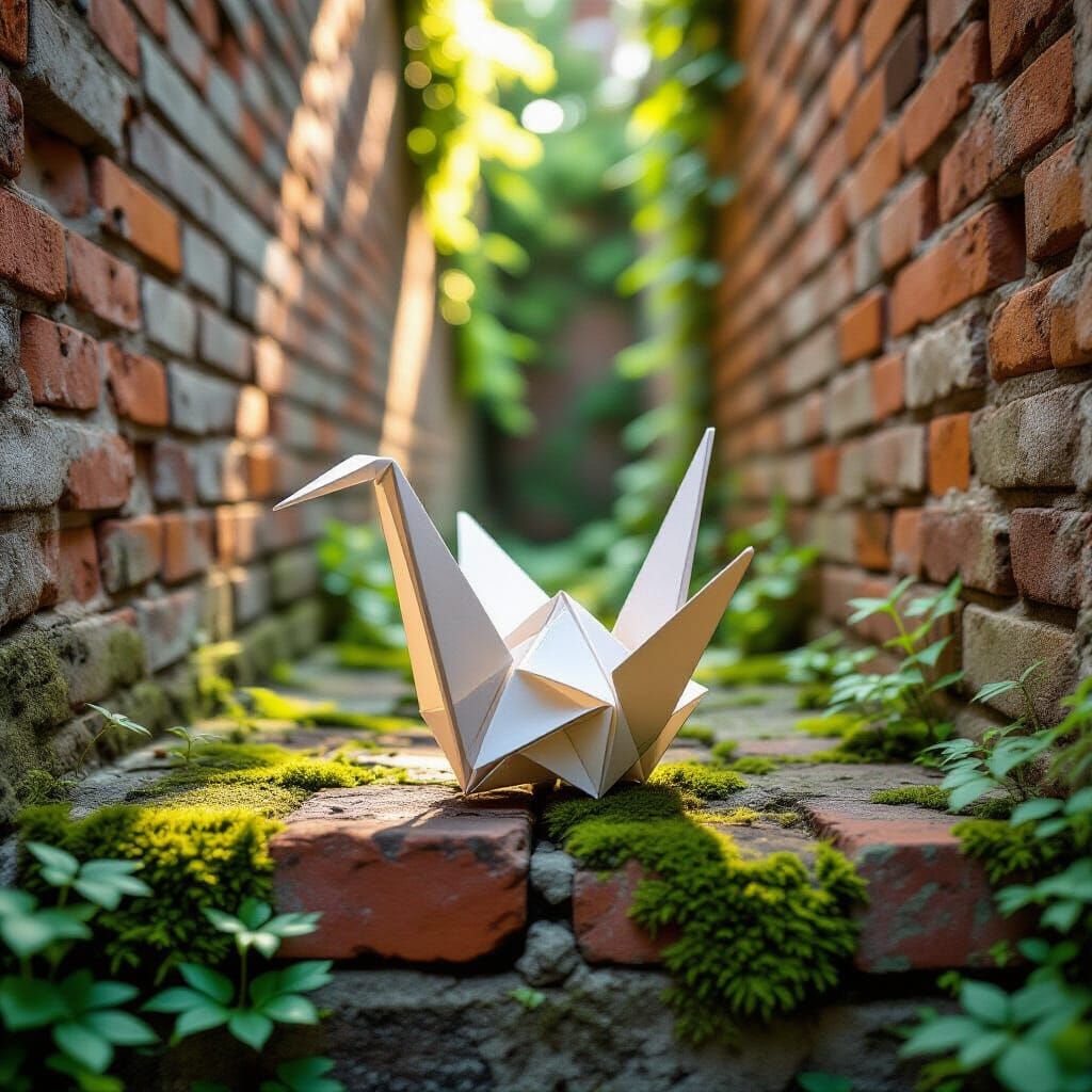 Origami Crane on Brick Wall, Art Nouveau Style