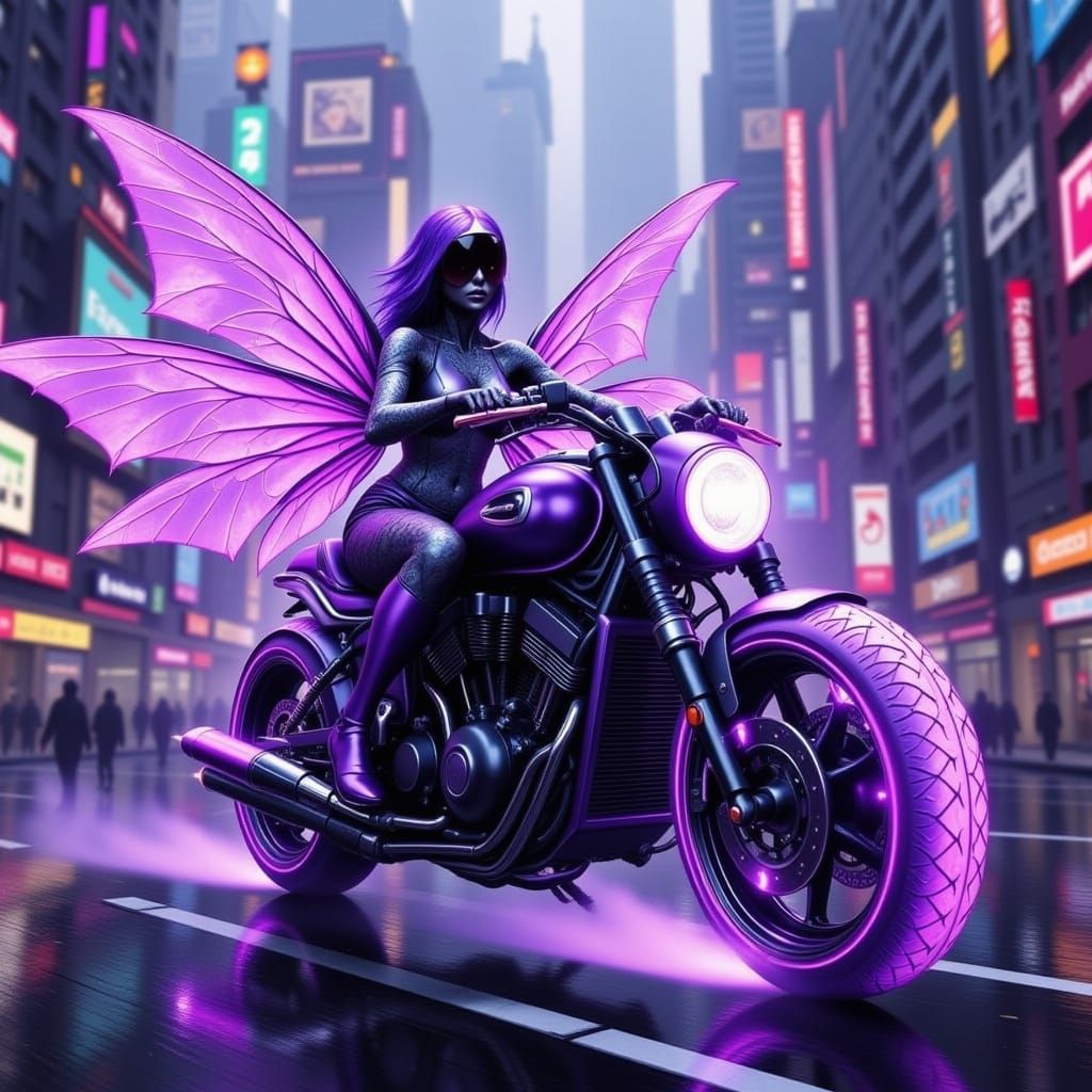 Purple Fairy Rides Motorcycle in Futuristic City