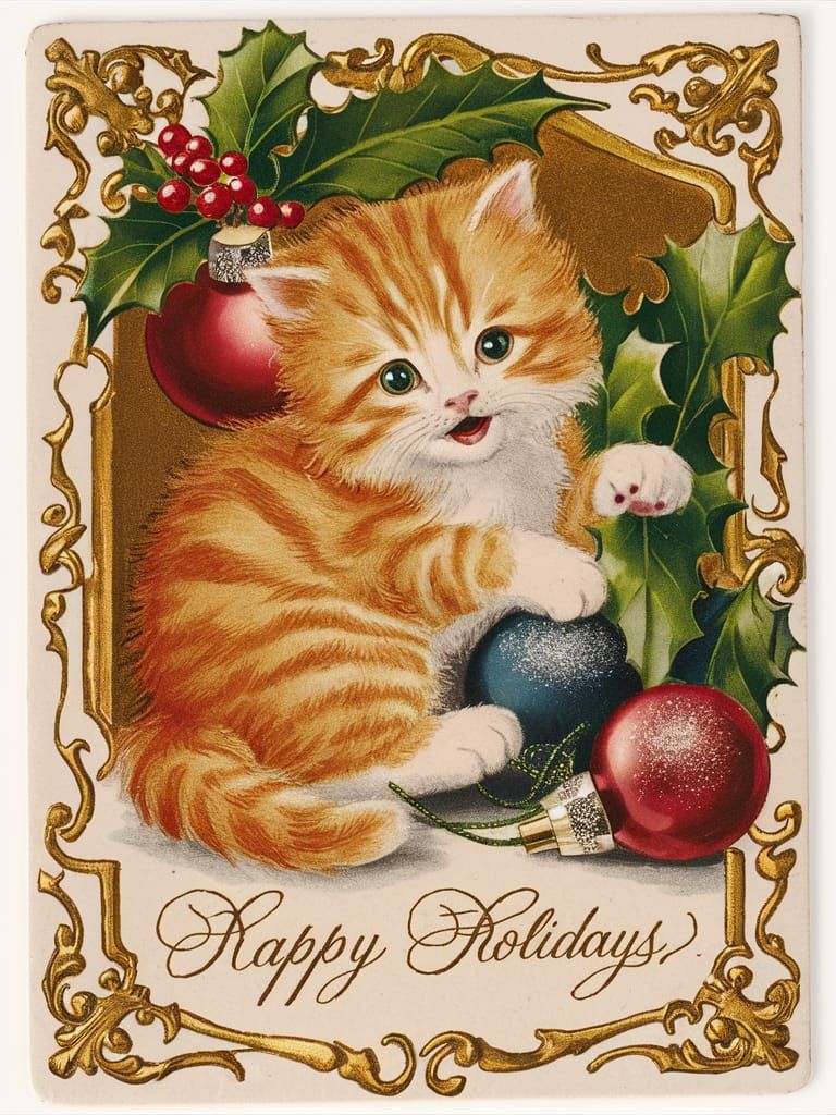 Victorian Christmas Kitten in Golden Ornate Frame