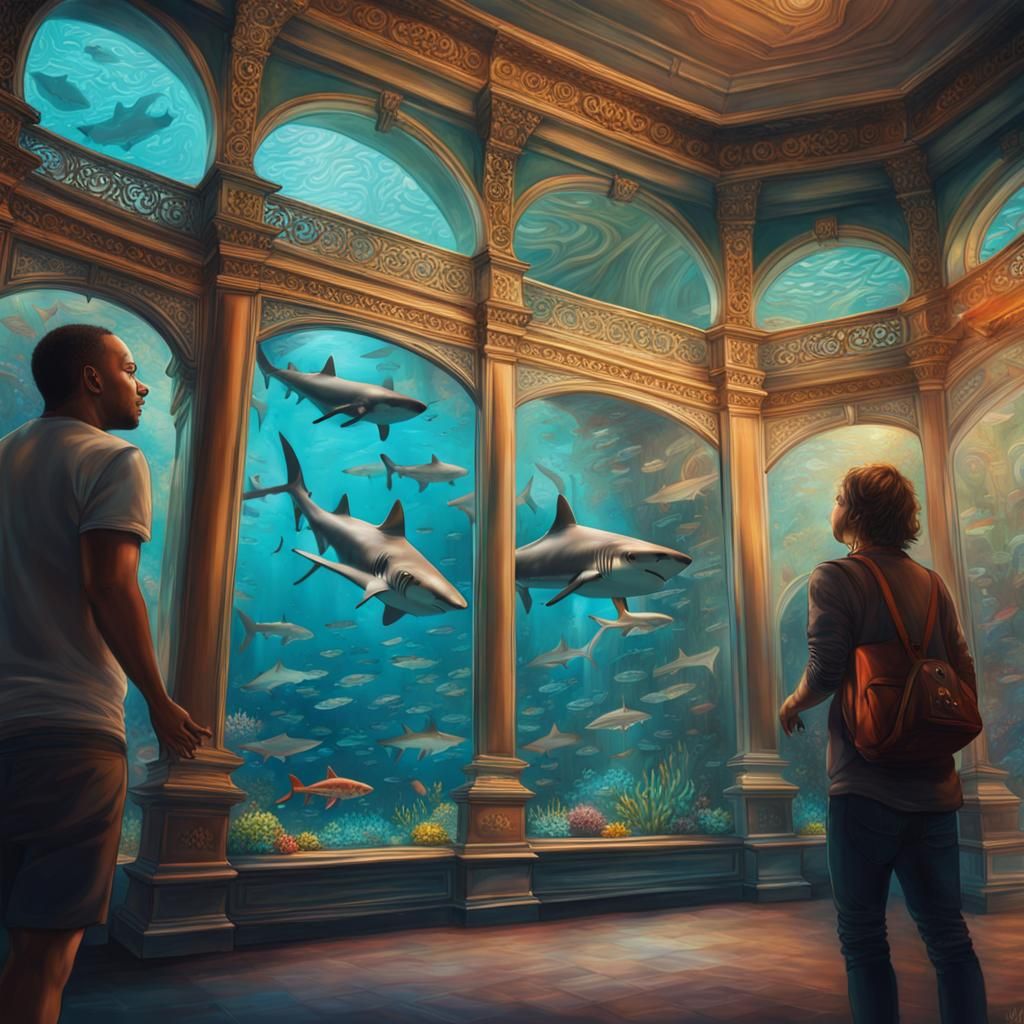 Ornate Aquarium Sharks in Hyperrealistic Splash Art