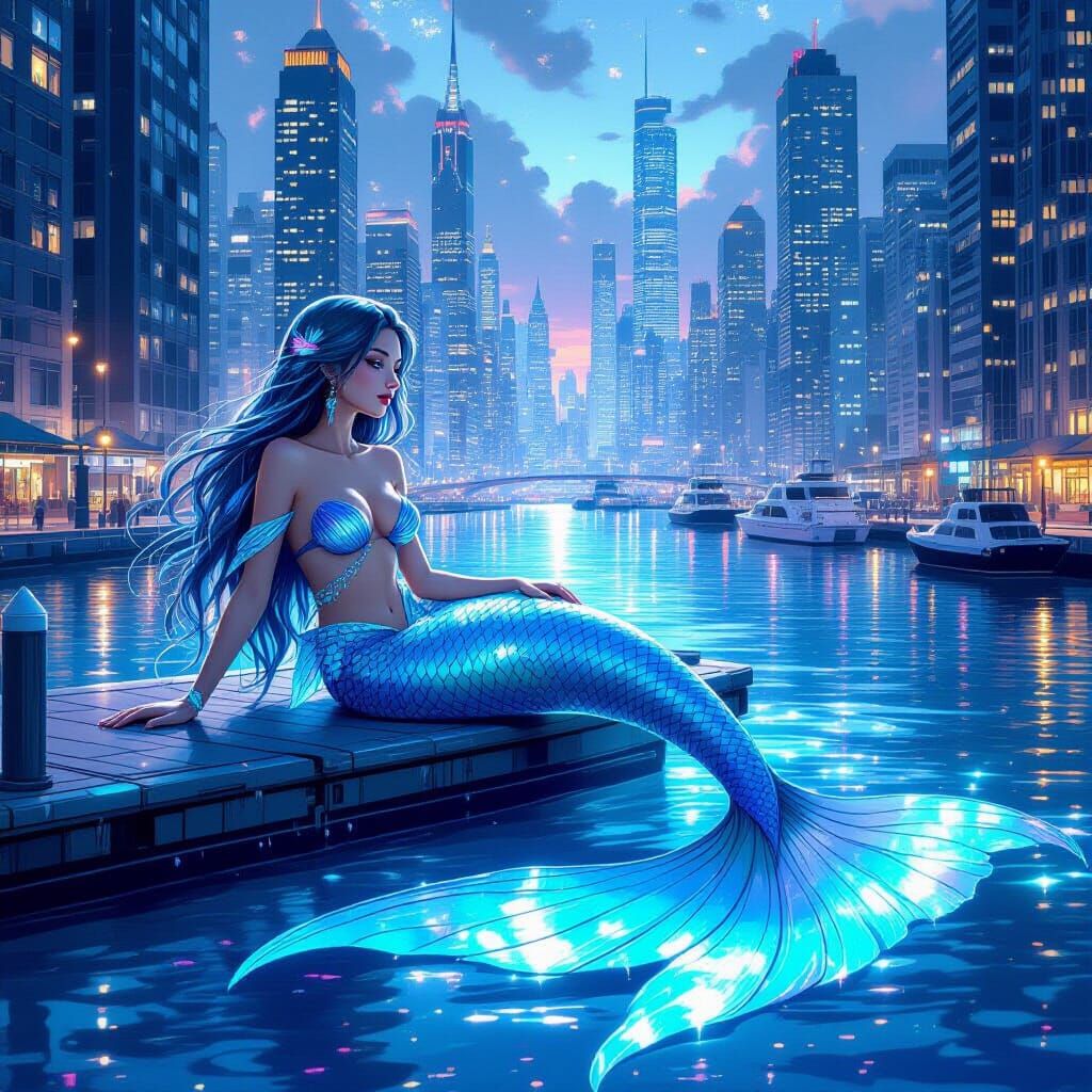 Giant Mermaid Lounging in Bioluminescent City Harbor