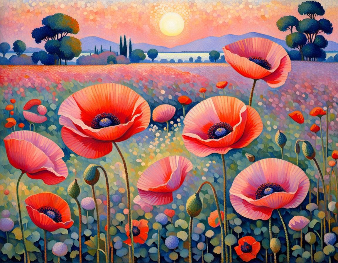Poppies in Evening Light: A Pointillist Vision