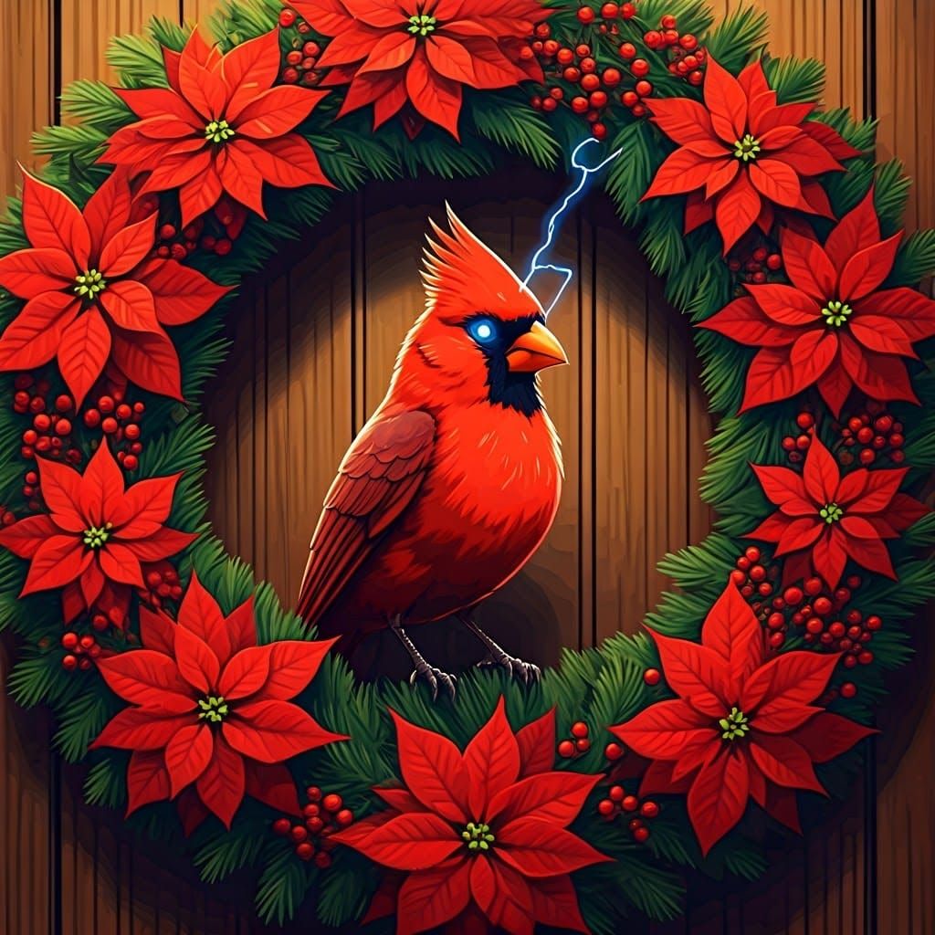 Cyberpunk Christmas Cardinal in Lush Poinsettia Wreath
