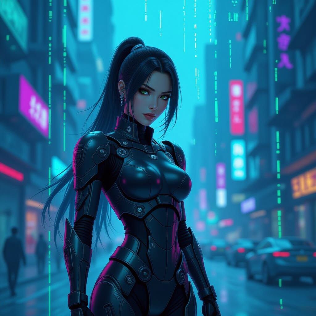 Cyborg Warrior in Futuristic Cityscape with Neon Lights