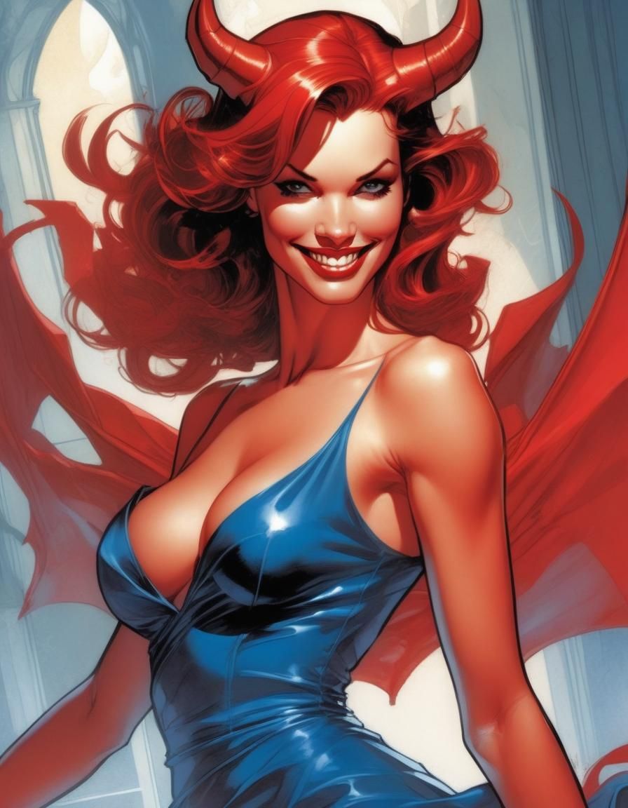 Red Devil Woman in Blue Dress: Comic Book Art