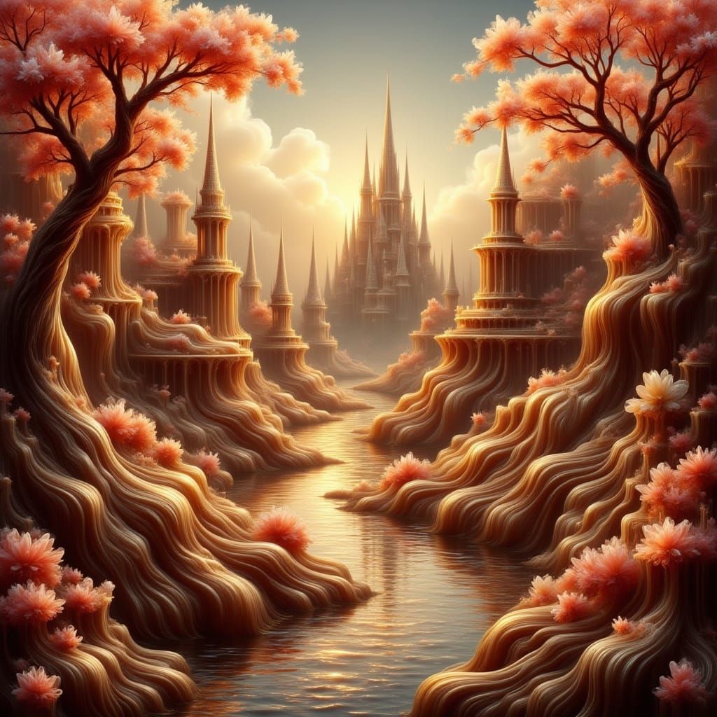 <lora:Ethereal Magic Flux:1.0> "Create a fantastical, highly detailed scene where everything is made entirely out of ric...