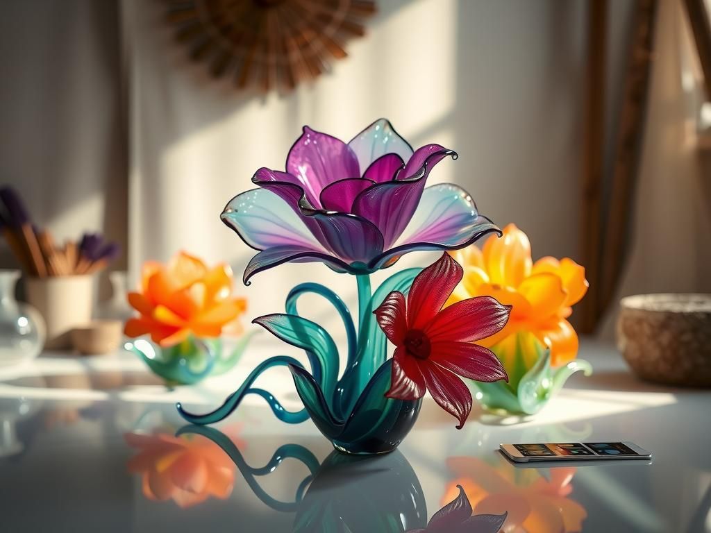 Iridescent Blown Glass Floral Sculptures in Studio Lighting