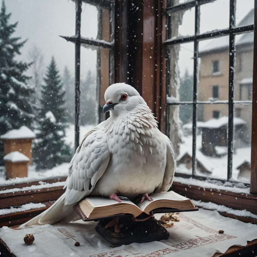 Pigeon Reading Quran in Snowfall: Cinematic Still