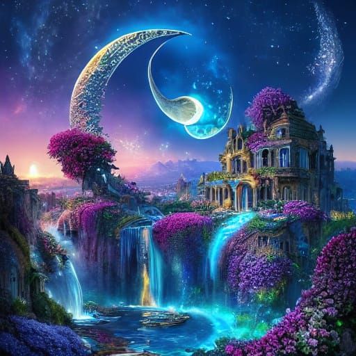 Fantasy Crescent Moon Village in Mediterranean Style