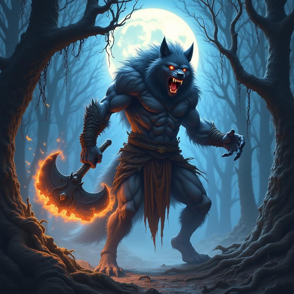 Werewolf Warrior's Roar Under Mystic Moonlight
