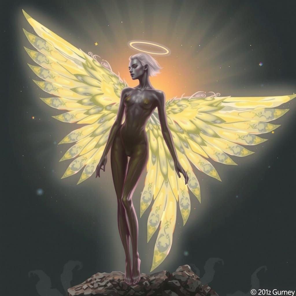 Majestic Iridescent Angel on Misty Mountain Peak