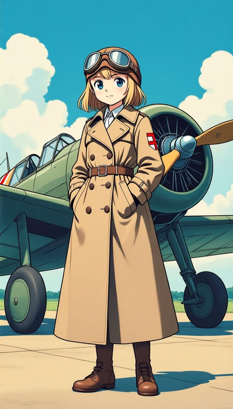 Anime Girl Pilot Manfred von Richthofen with Vintage Airplan...