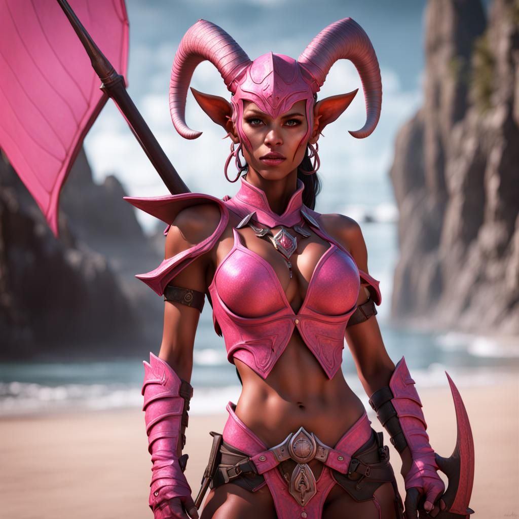 Tiefling Warrior in Pink Armor: Fantasy Concept Art