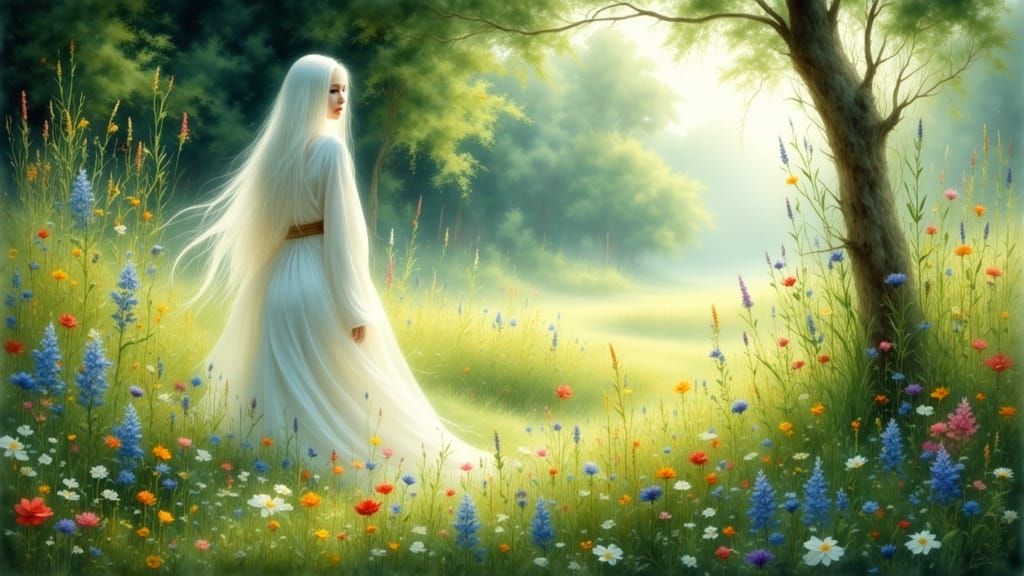 Whimsical Watercolor Portrait of a Woman in a Wildflower Mea...