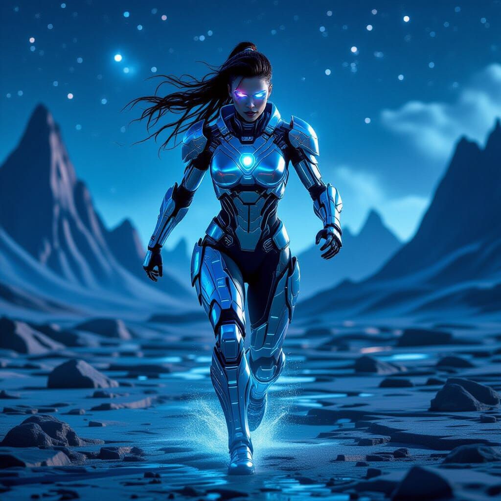 Cybernetic Warrior in Alien Landscape, Digital Art