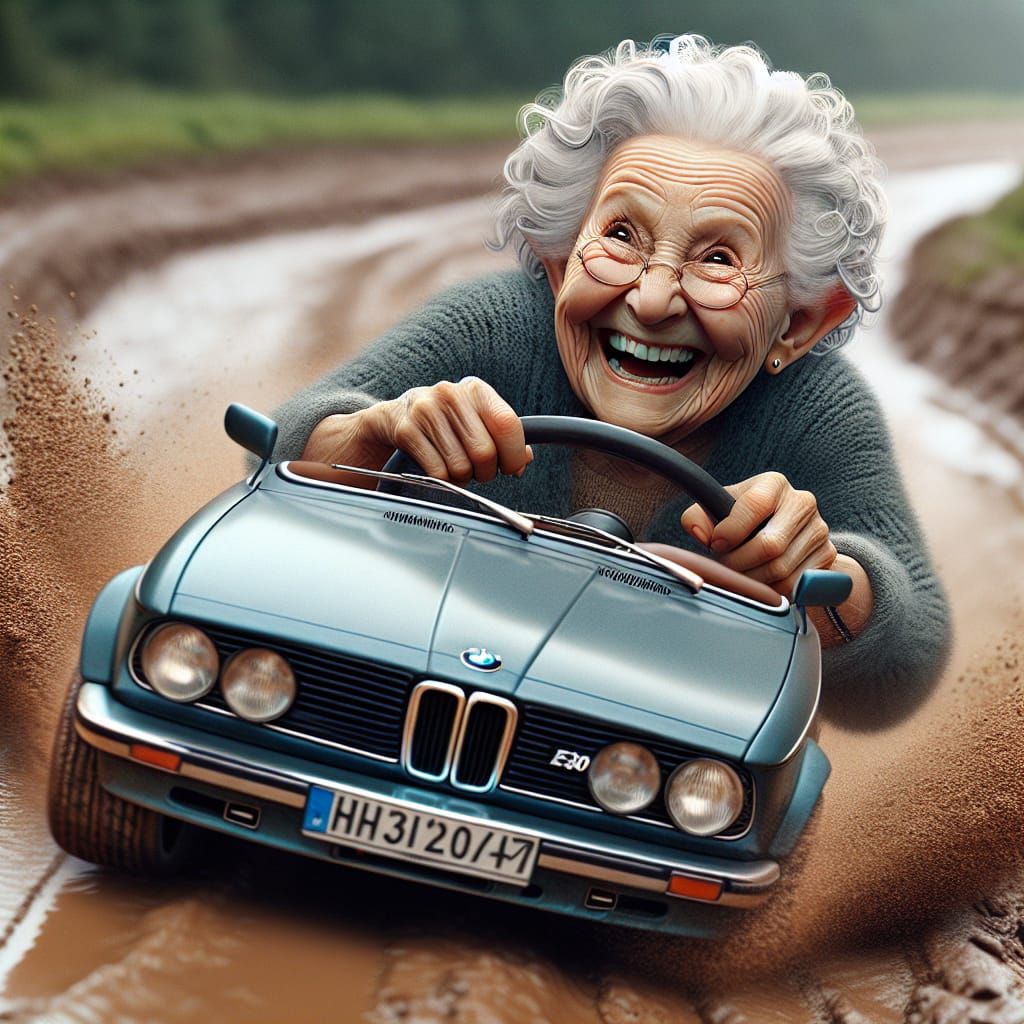 Elderly Woman's Joyful Drive in Vintage Convertible