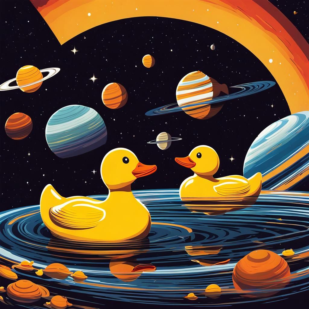 giant rubber ducks swim in space on the ring around Saturn.