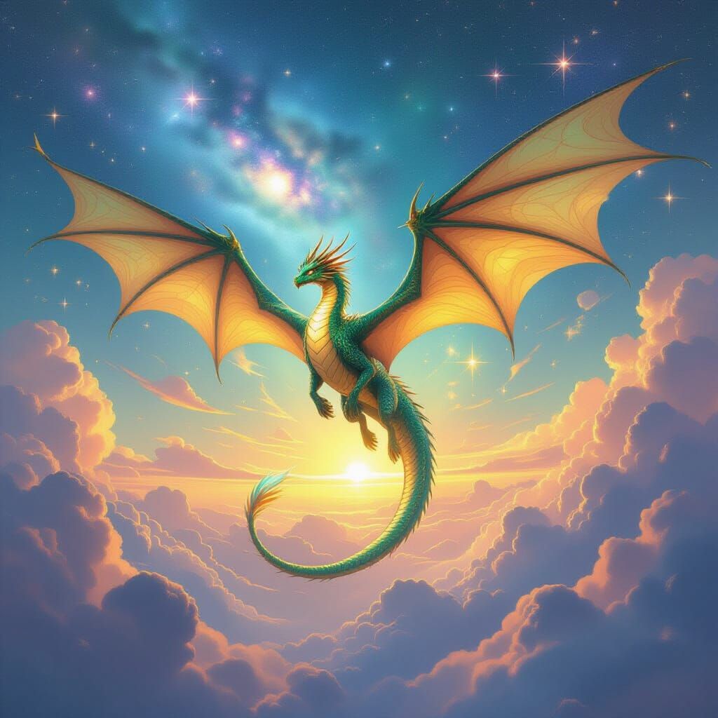 Dragon Soaring Through Cosmic Sky in Airbrush Style